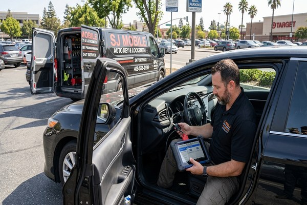 Auto locksmith programming key fob beside a car in San Jose parking lot