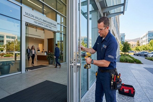Commercial locksmith installing access control keypad at San Jose office building
