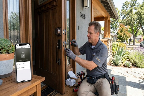 Locksmith installing smart keypad deadbolt on modern San Jose home